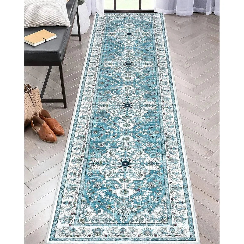 tapis géométrique bohème bleu blanc orange salon salle bain moderne ornement floral