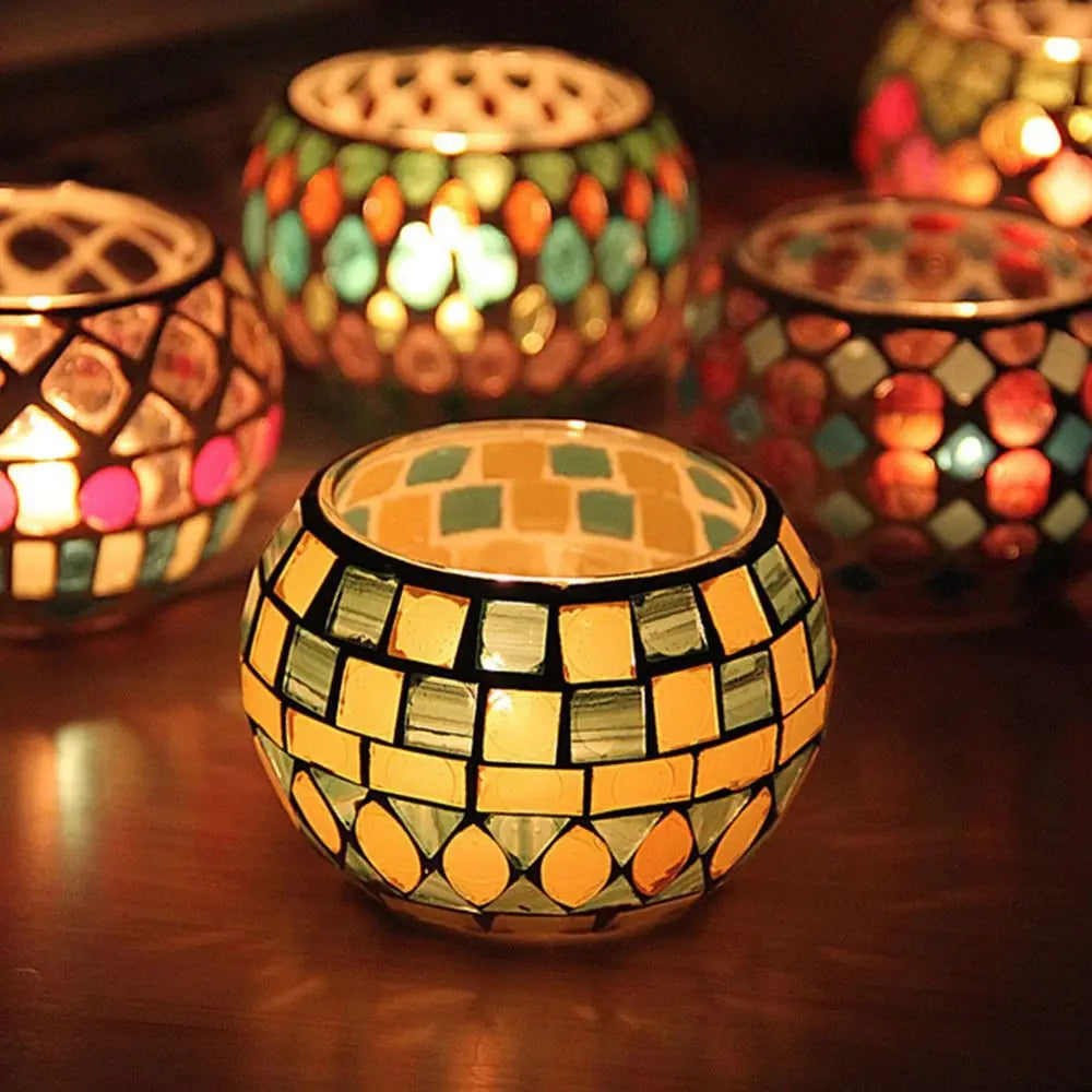 bougeoir artisanal mosaïque colorée décoration intérieure verre marocain multicolore