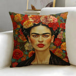 coussin contemporain zip invisible polyvalent orange bleu rouge peinture abstraite visage stylisé 45x45cm polyester