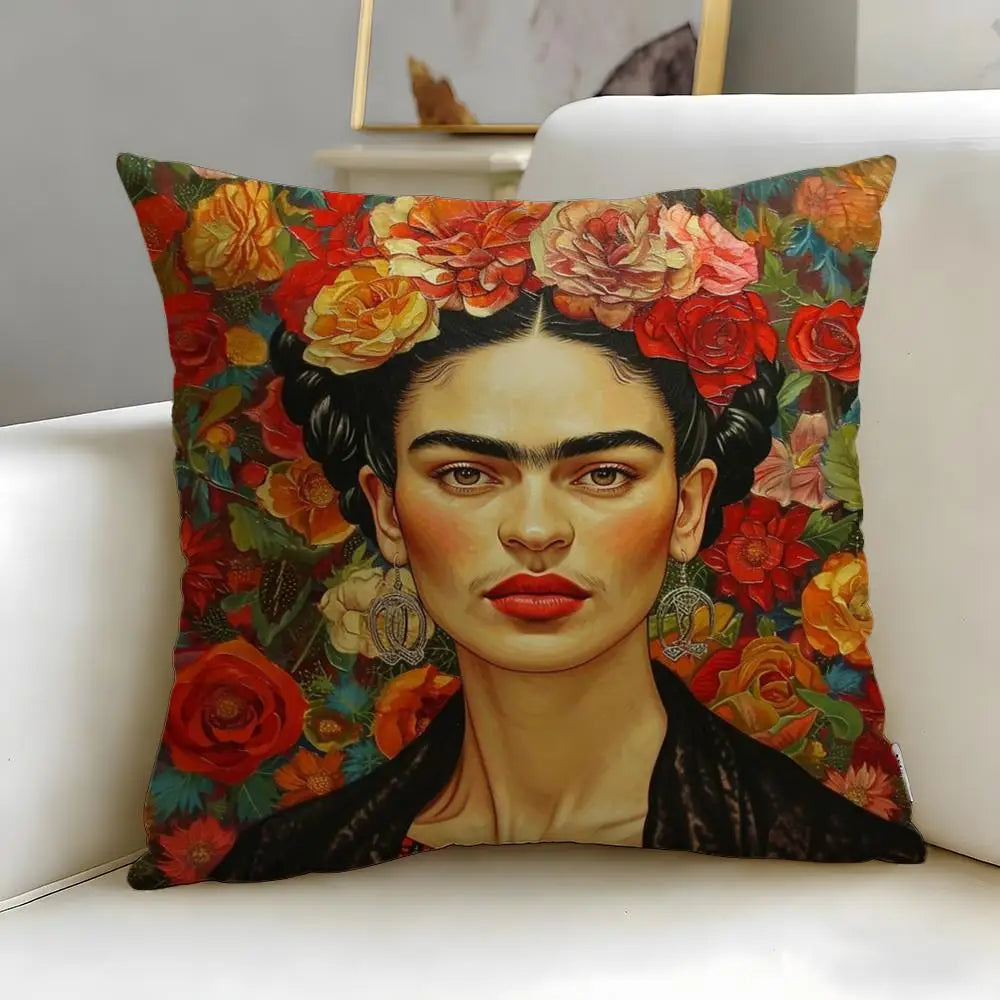 coussin contemporain zip invisible polyvalent orange bleu rouge peinture abstraite visage stylisé 45x45cm polyester