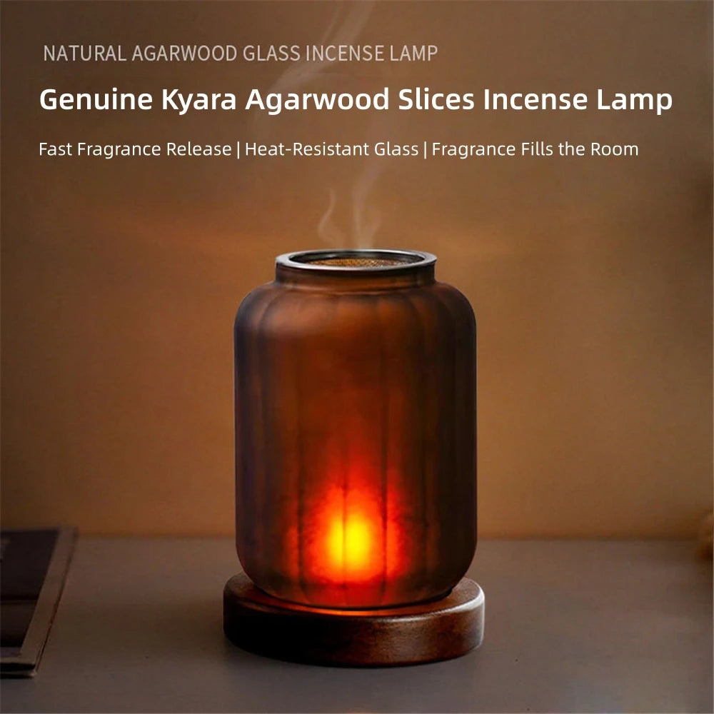 lampe encens moderne minimaliste base bois marron foncé transparent aromathérapie diffuseur apaisant calme