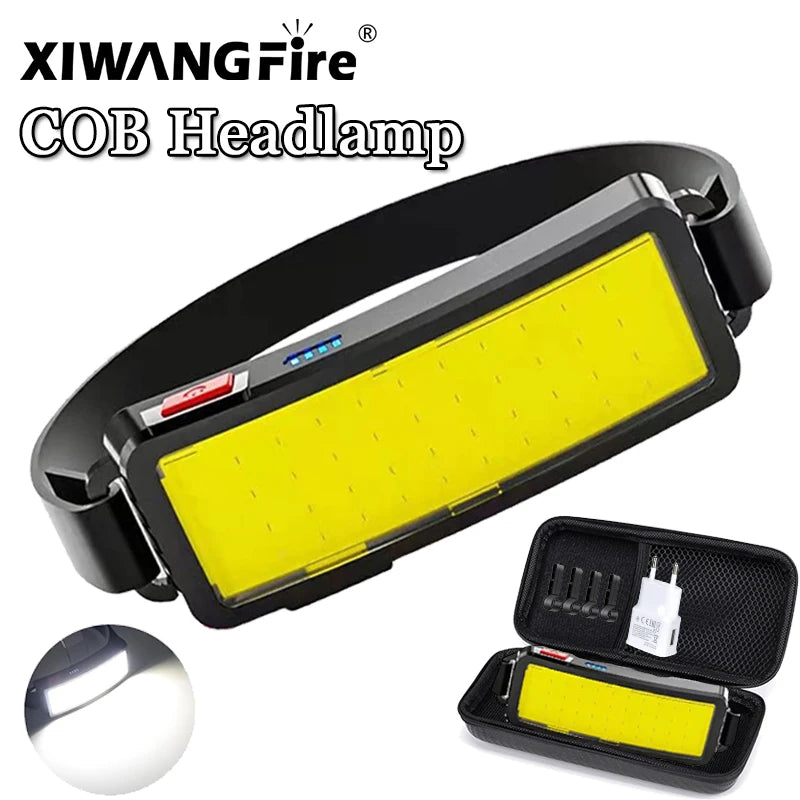 lampe frontale led cob rechargeable usb batterie intégrée indicateur puissance mode ajustable ceinture camping