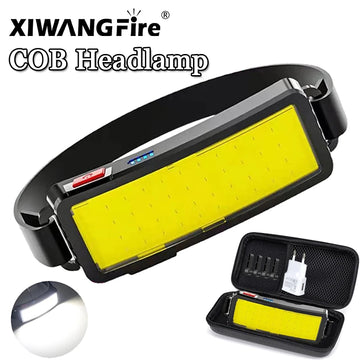 lampe frontale led cob rechargeable usb batterie intégrée indicateur puissance mode ajustable ceinture camping