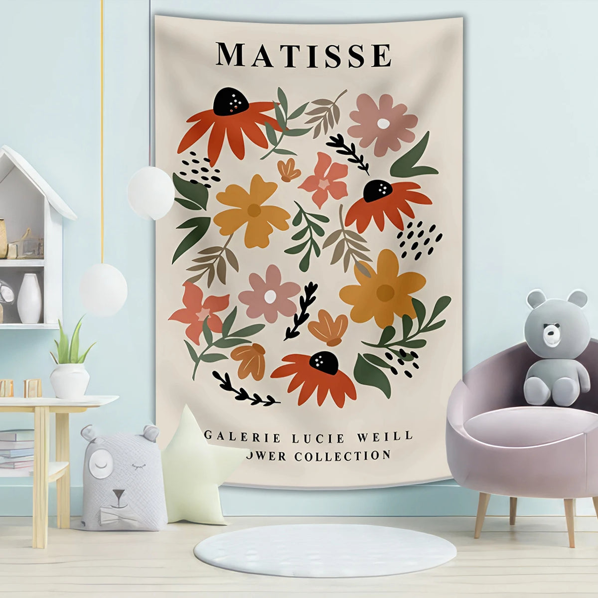 tapisserie murale moderne imprimée fleurs stylisées polyestère beige orange rose vert noir