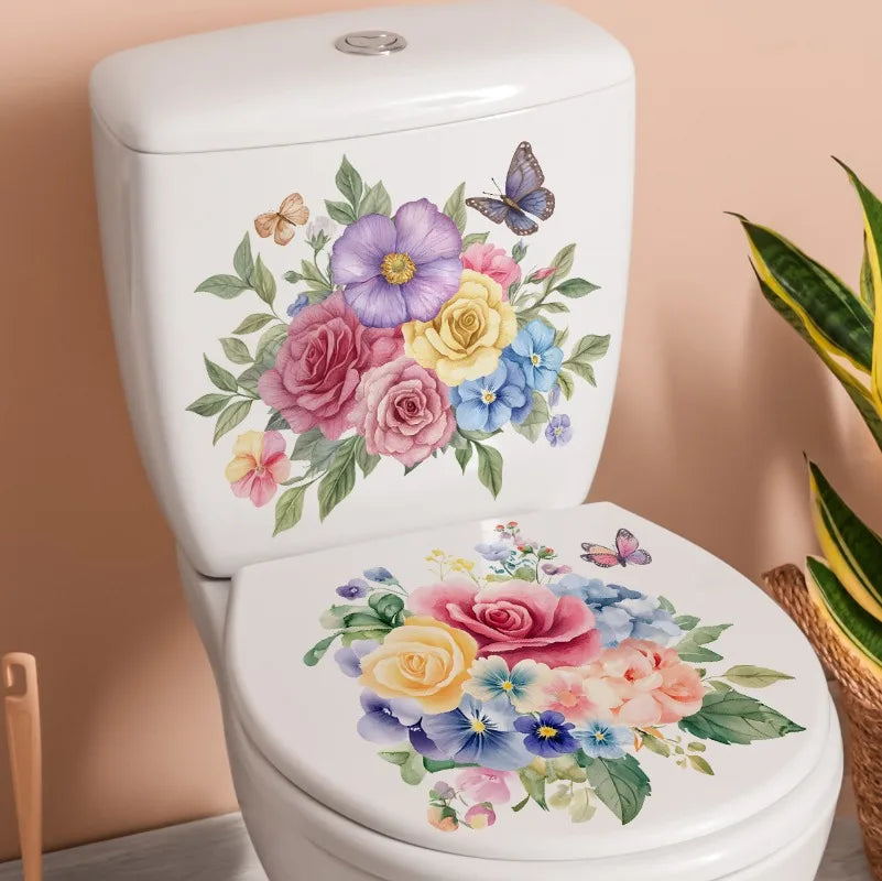autocollants muraux fleurs colorées bouquet papillons salle bain blanc 30x30cm 2pièces adhésifs