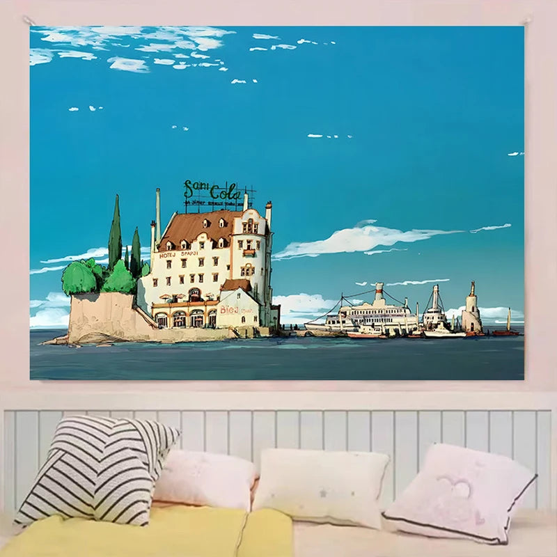 toile d'art paysages naturels illustration vert bleu blanc beige gris rouge jaune coucher soleil