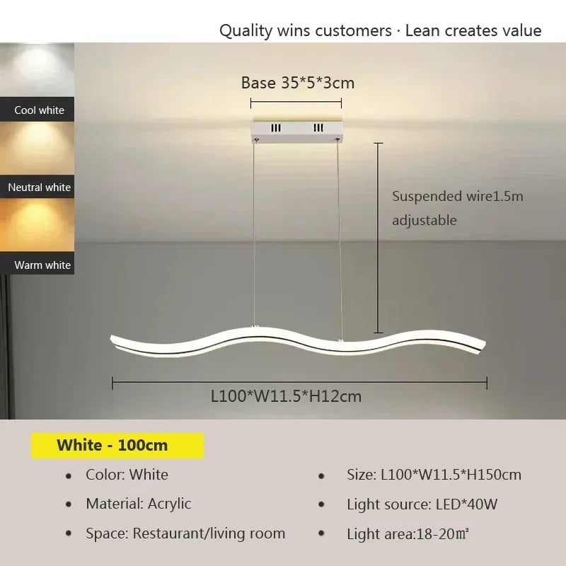 suspension lumineuse moderne blanc noir ondule clips câbles diffuseur 100cm 120cm led