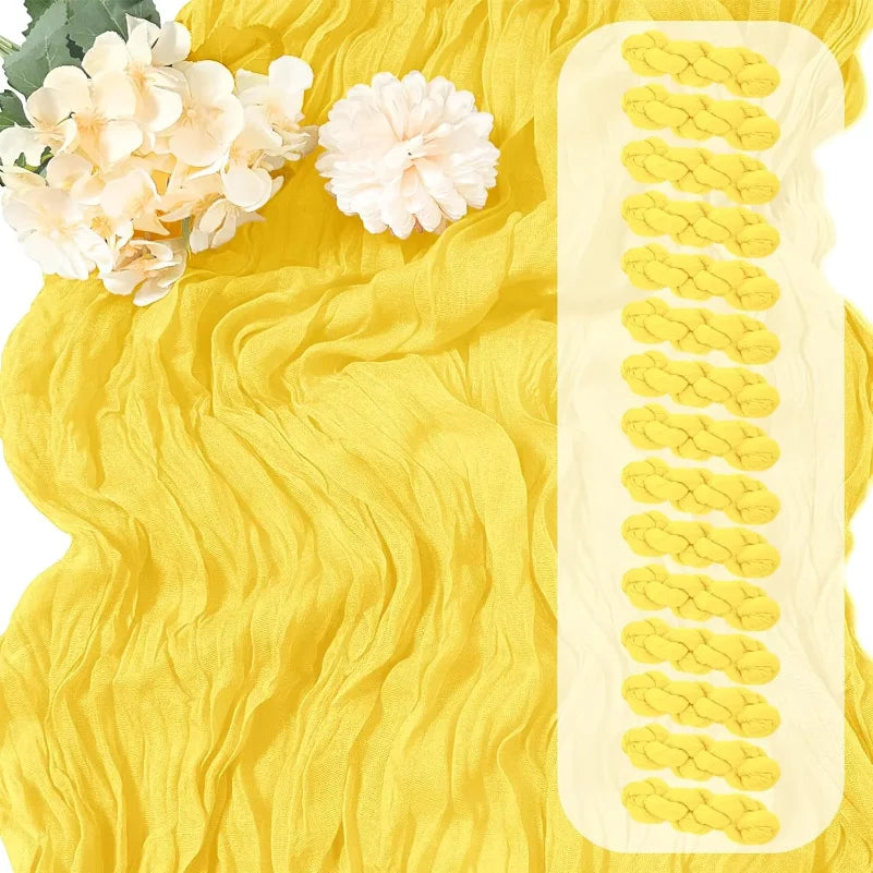 table runner jaune texturé boho semi transparent motifs rustiques fleurs artificielles blancs printemps mariageDecorationintérieur
