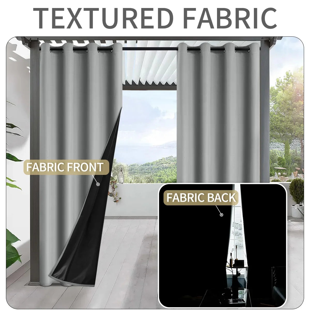 rideaux extérieurs imperméables blackout modernes texturés gris noirs 100 polyester grommet top salon patio
