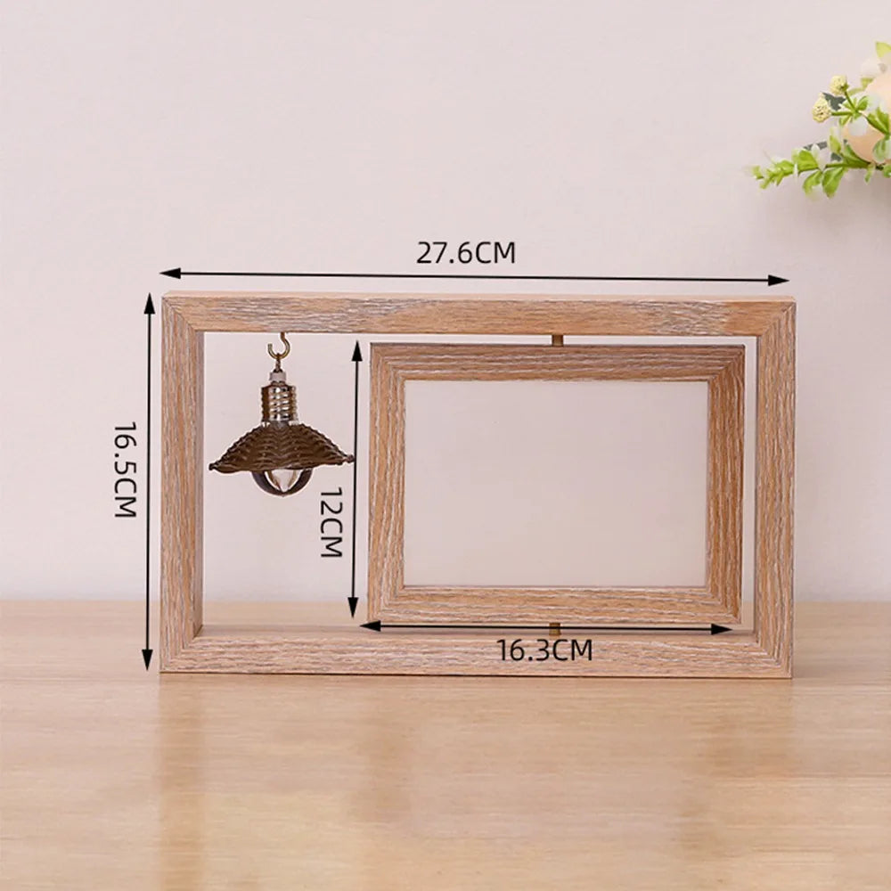 cadre photo double face bois marron rustique suspendu élément décoratif petite lampe cœur bois