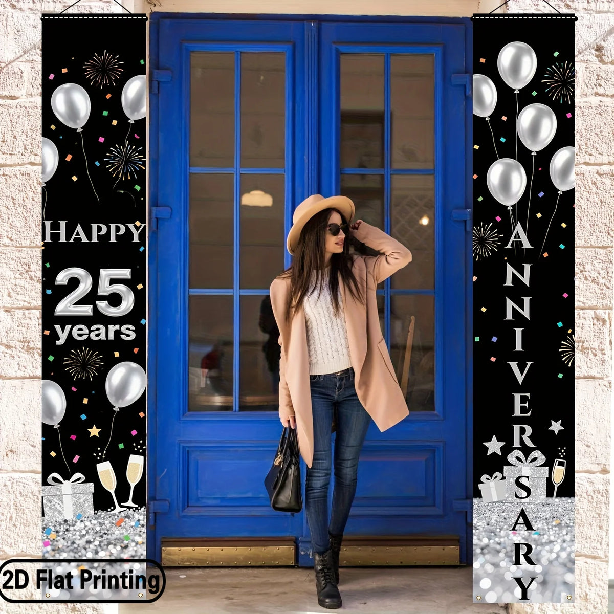 bannière anniversaire thème mariage ballons feux d'artifice opale noire argent rouge festive crochets inclusion