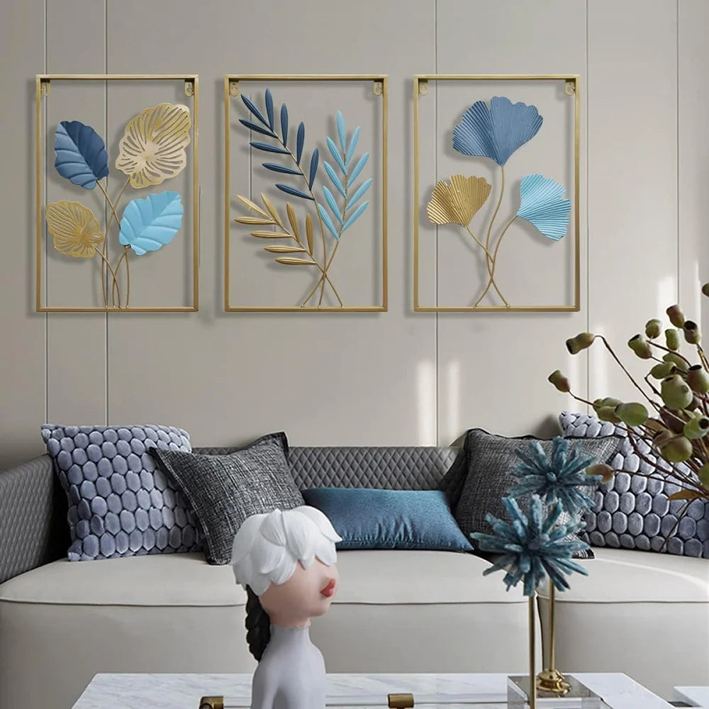 décoration murale métal feuilles stylisées bleu doré jaune art moderne salon maison intérieur