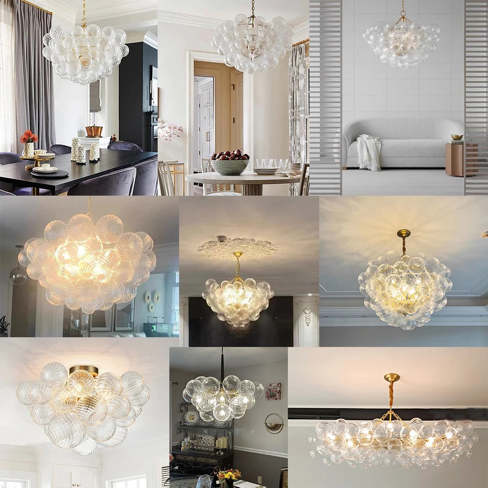 suspension lumineuse moderne élégante transparente billes dorées effet bulles chaîne métallique chambre salon étude