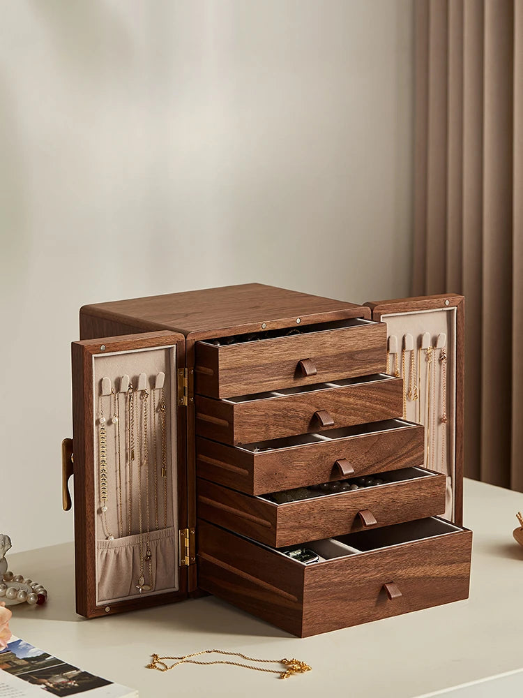 coffret bijoux bois marron tiroirs poignées dorées rangement moderne minimaliste