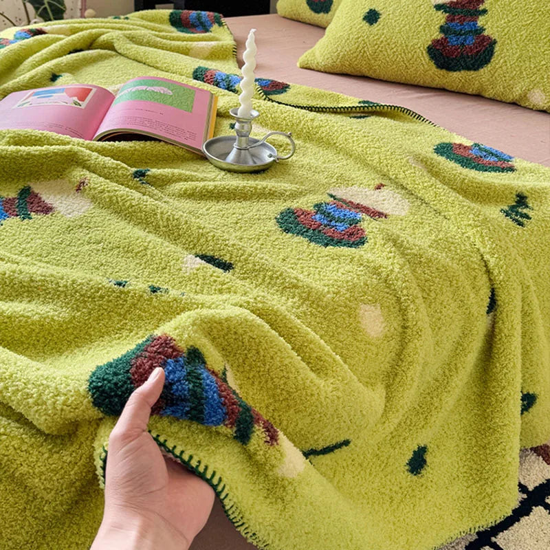 couverture peluche verte motif chapeaux colorés douce portable hiver automne
