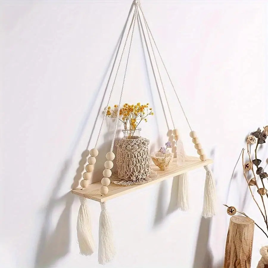 étagère suspendue bois naturel bois franges blanches boho chic fixée mur plantes décointérieurextérieur