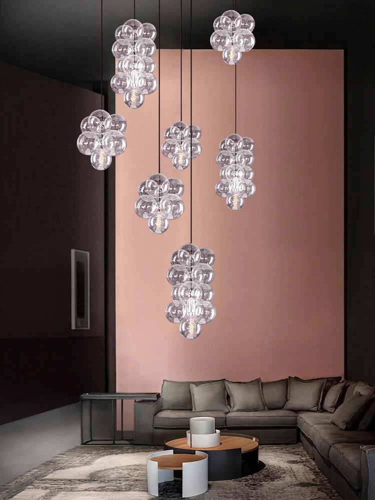 suspension lumineuse verre transparent moderne boules verre câbles acier poli led semi encastré