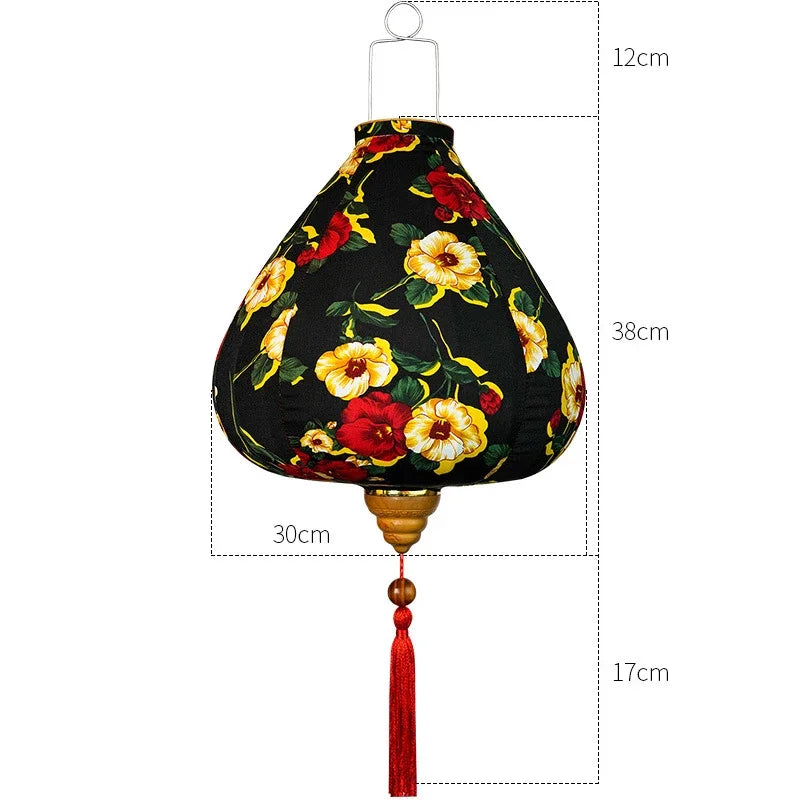lanterne japonaise traditionnelle rouge fleurs décorative artisanale pompon bois suspendue
