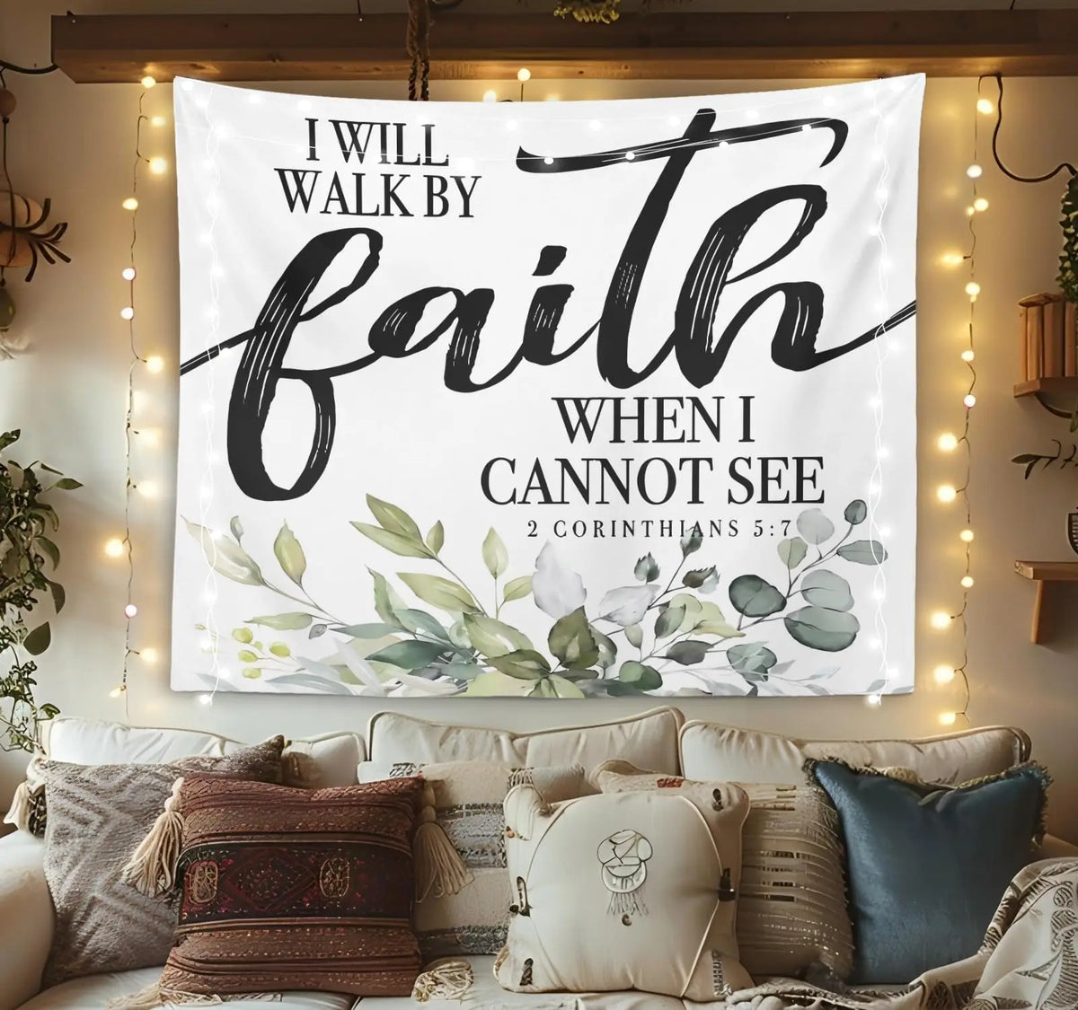tapisserie murale boho chic versets religieux fleurs feuilles blanc doré roseclair bleuclair beige