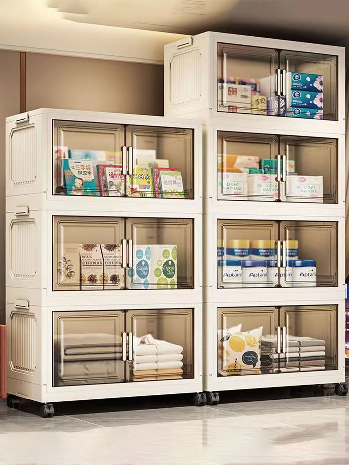 meuble rangement modulable blanc roulettes portes transparentes rayures verticales modernes