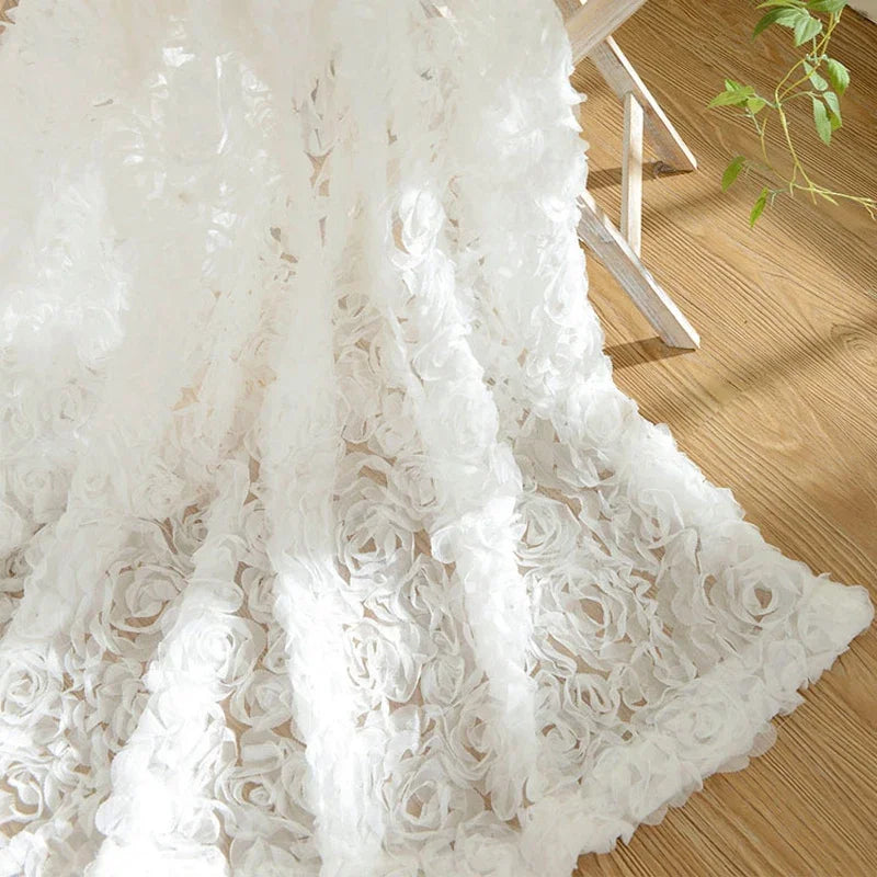 rideau blanc fleur brodé tulle transparent romantique fenêtre française anneaux suspensionhôtel maison pastorale