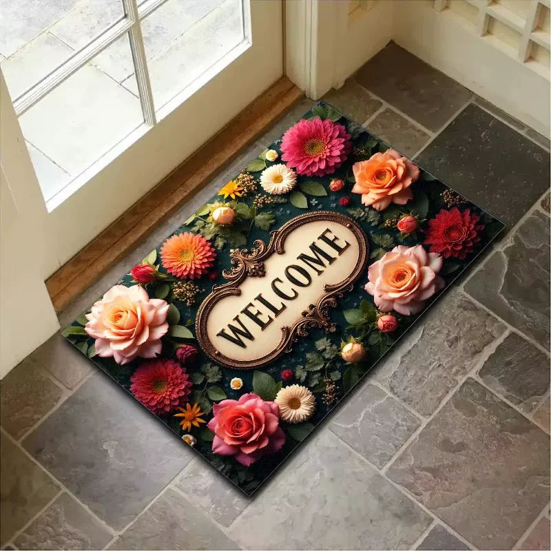 tapis d'entrée intérieur extérieur motif fleurs welcome texte doré classique décoration maison polyester