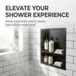 niche douche murale moderne étagères acier inoxydable noir mat carreaux blancs rangement salle bain