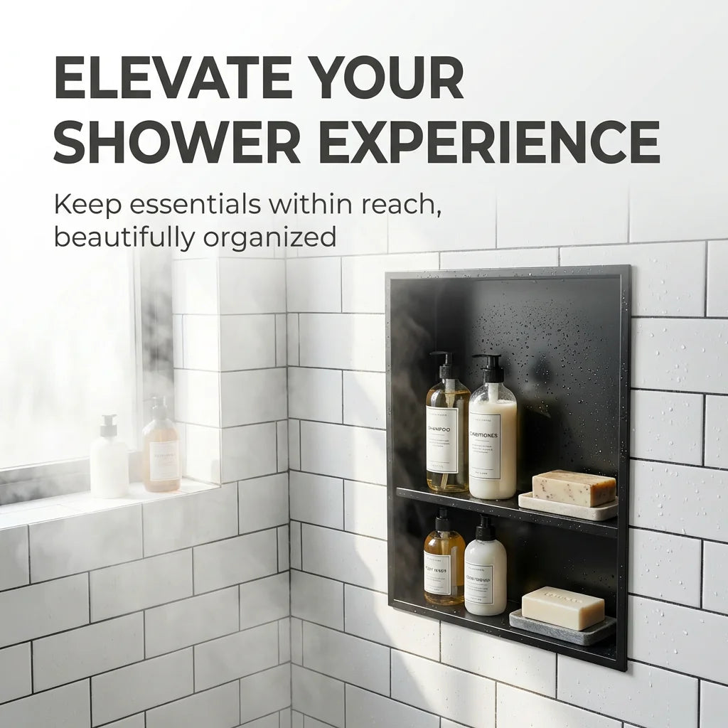 niche douche murale moderne étagères acier inoxydable noir mat carreaux blancs rangement salle bain