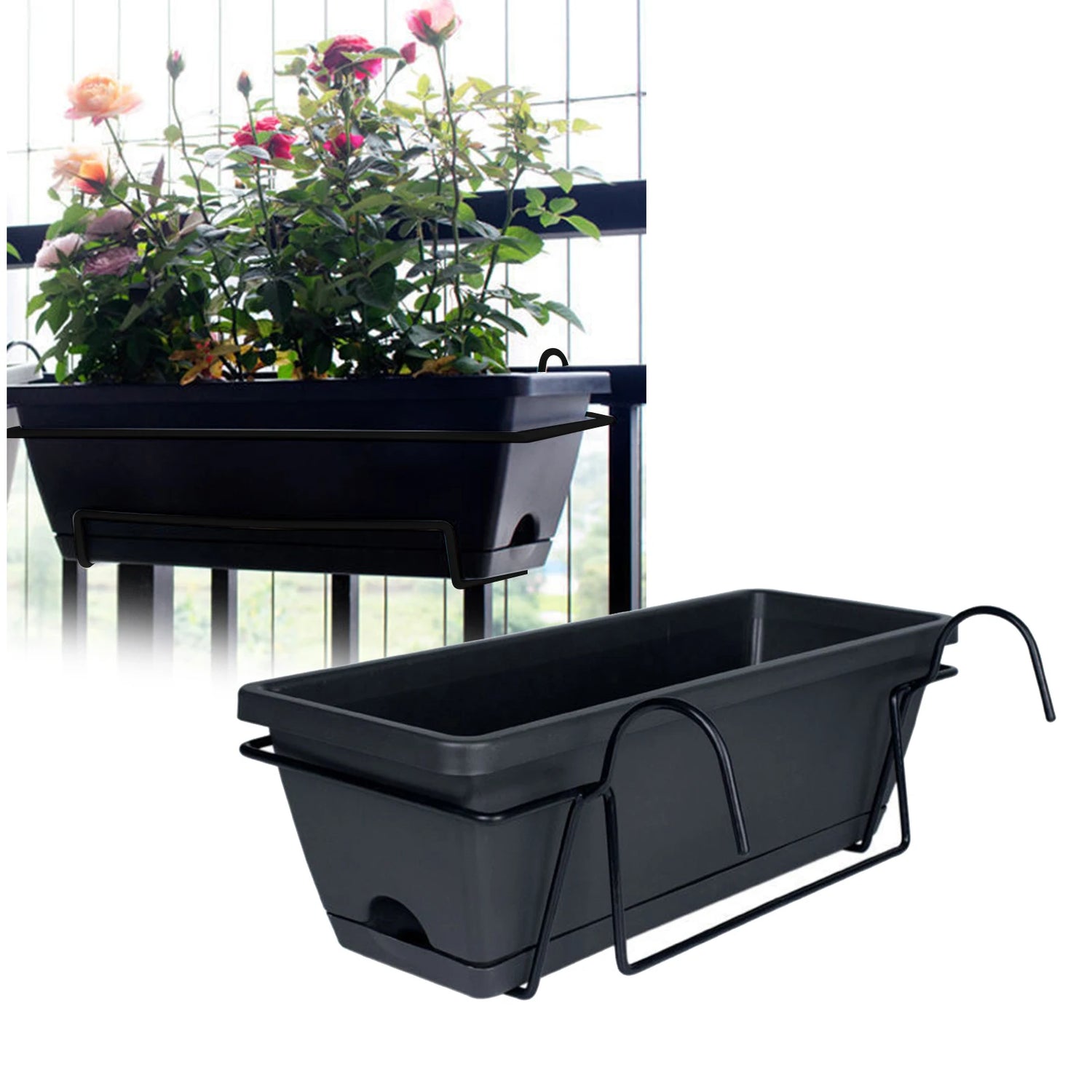 Jardinière balcon suspendue blanche accrochée à rambarde