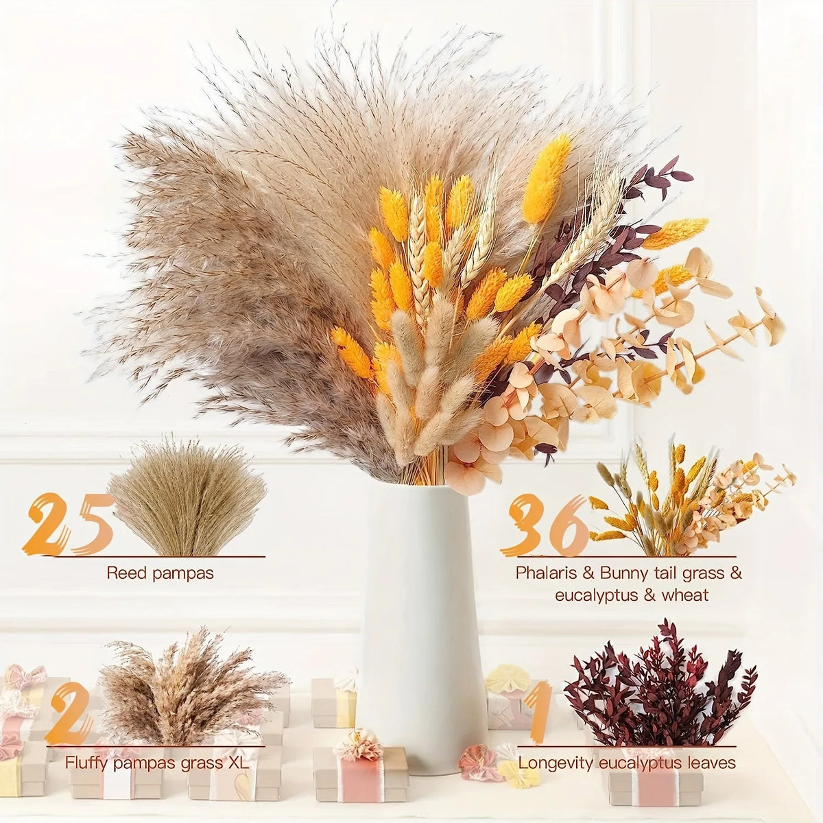 bouquet fleurs séchées pampas 80 pièces décoration maison boho chic rustique