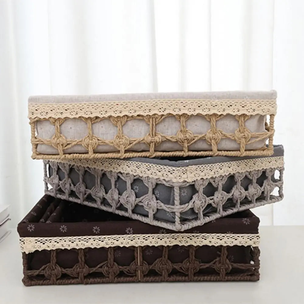 paniers rangement rustique tissu motif géométrique beige gris marron opacité crocheté multifonctionnels
