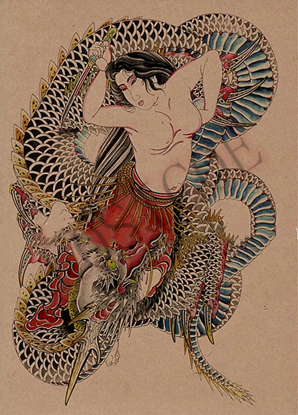 tattoo temporaire tatouage japonais dragon femme fleur noir blanc rouge vert bleu or