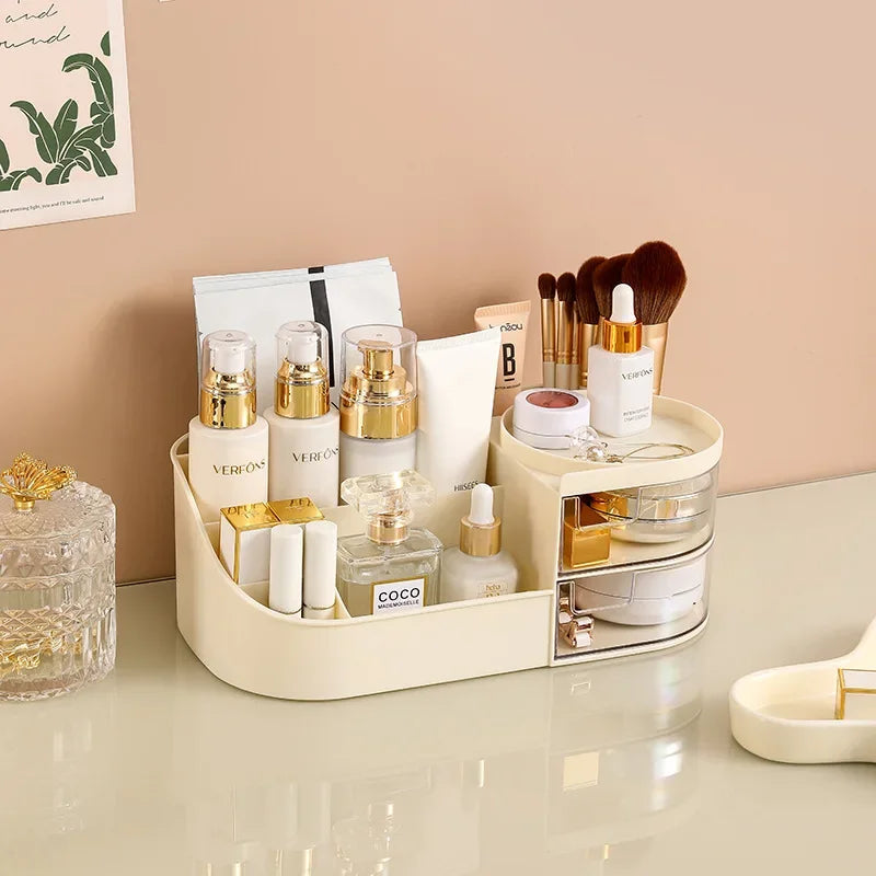 organisateur maquillage transparent moderne blanc rangement cosmétique tiroirs flacons brosse étiquettes