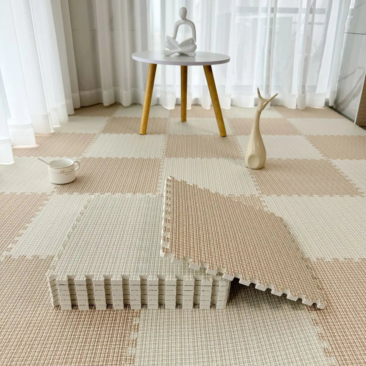 tapis sol modulable carreaux géométriques orange gris beige moderne fonctionnel clips