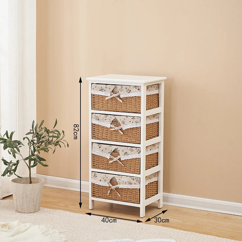 meuble tiroirs blanc rustique paniers osier tissu beige vintage chambre coucher minimaliste moderne