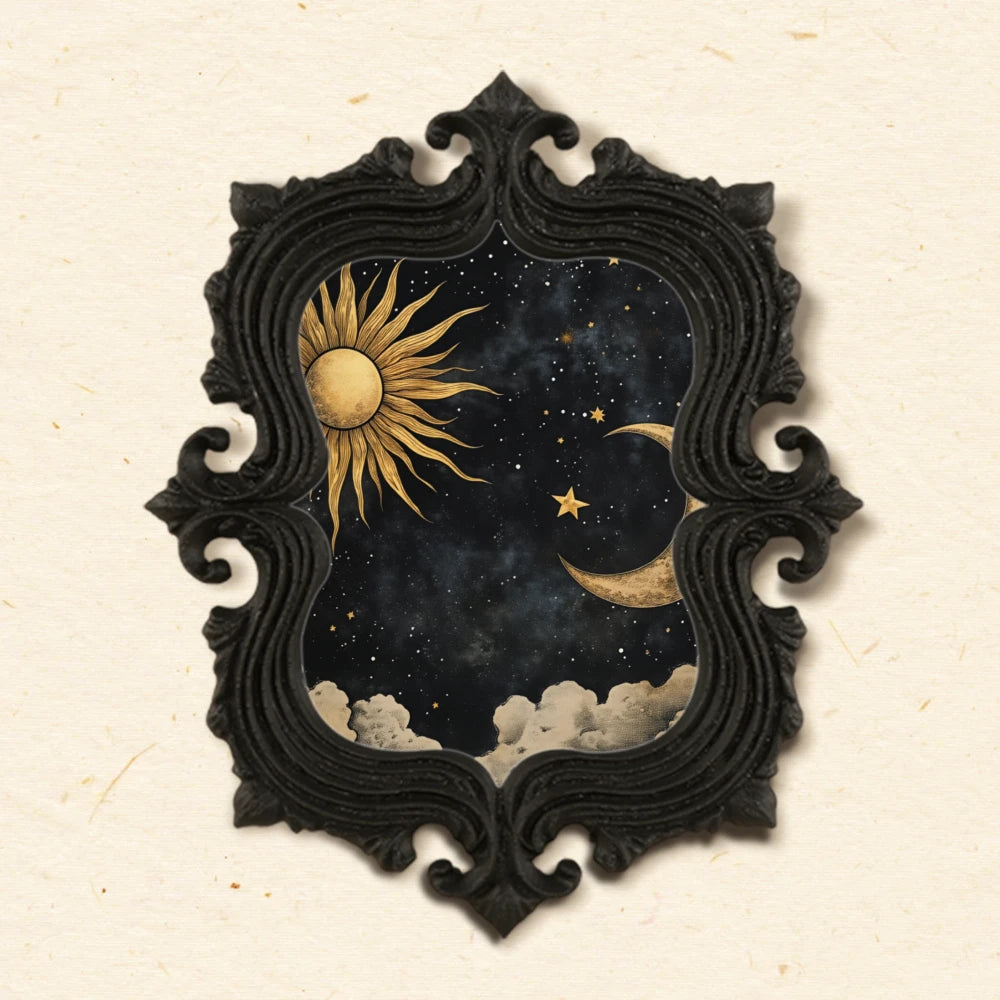 cadre mural baroque noir lune soleil étoiles nuages ornements floraux chambre adulte déco gothique