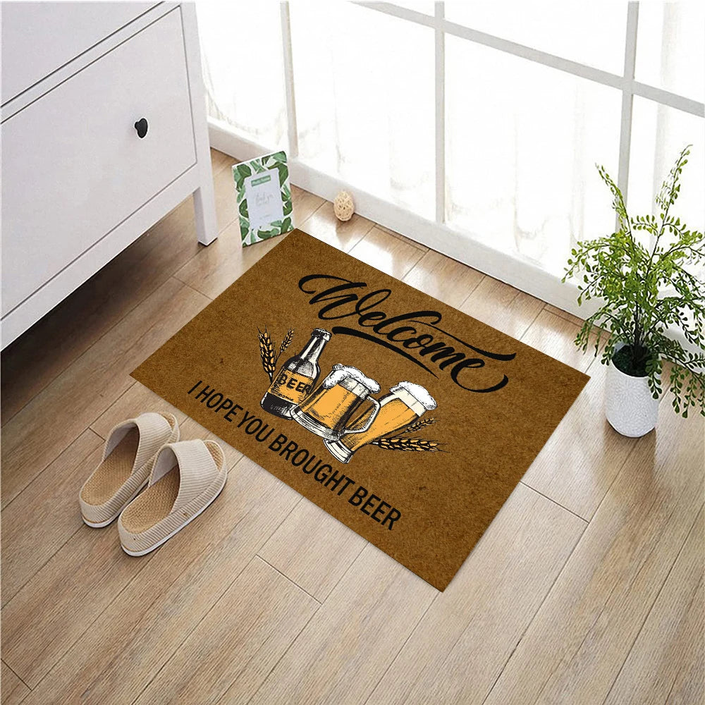 tapis d'entrée marron clair imprimé welcome bière bouteilles moderne antidérapant extérieur intérieur 40x60cm
