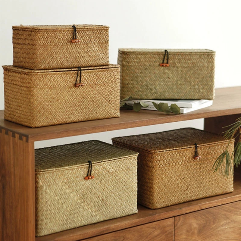 Panier de rangement tissé avec couvercle en algues marines bleu