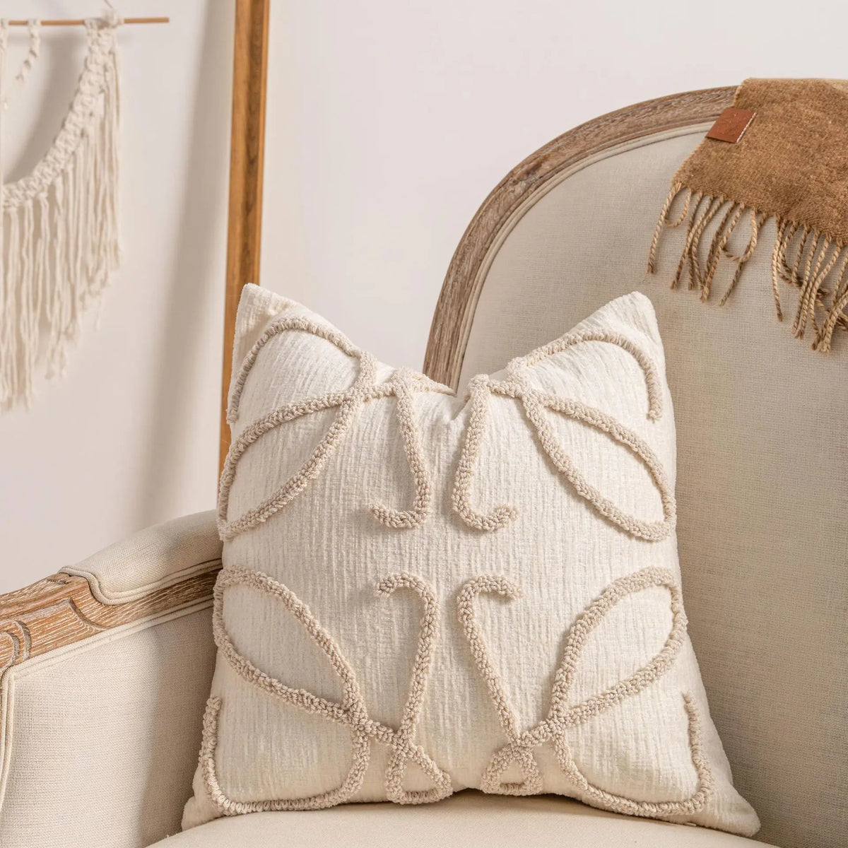 taies d'oreiller géométriques polyester non toxique boho chic fixations beige texturées maison hospitalière