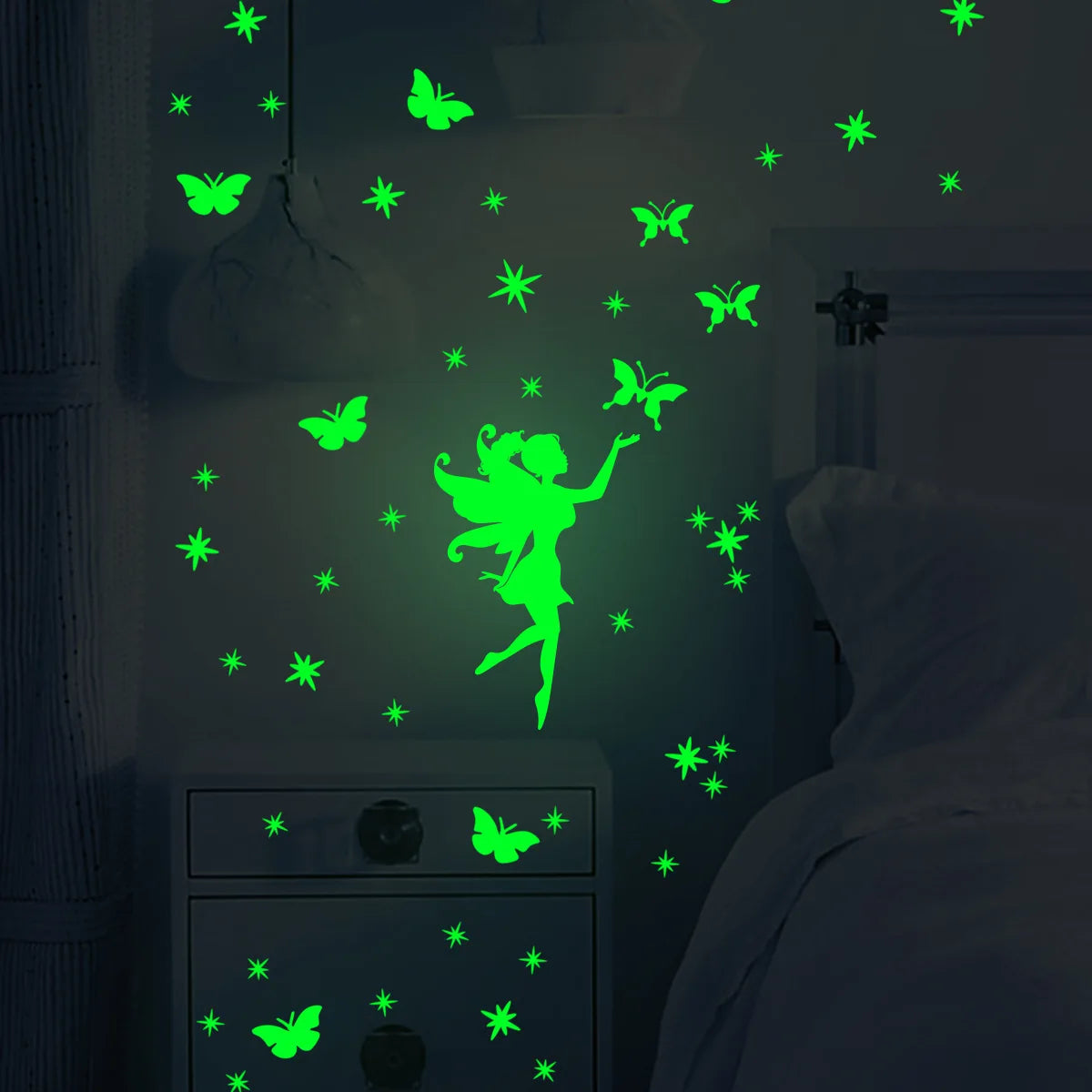 sticker mural fée papillons étoiles vert fluo rose pastel moderne adhésif chambre enfants deco