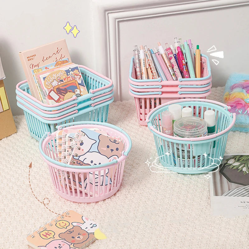 panier rangement rose clair bleu pastel poignées détachables rangement moderne utilisation multiple plastique organiser