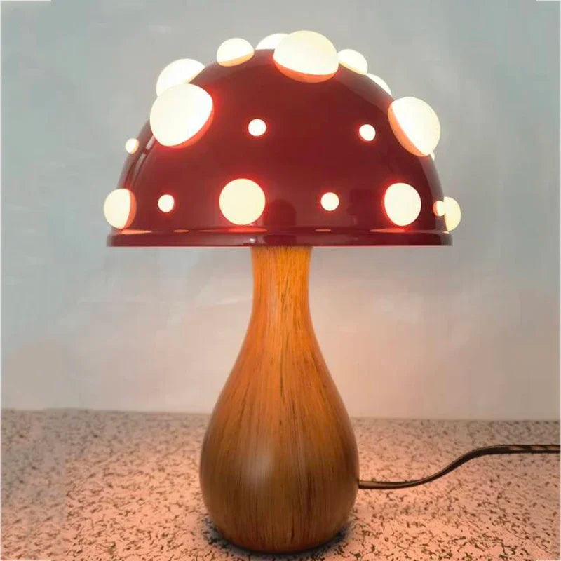 lampe poser led rouge blanche texture bois moderne points blancs chapeau