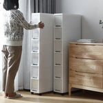 meuble rangement modulaire blanc boîtes transparentes roulettes organisation maison moderne