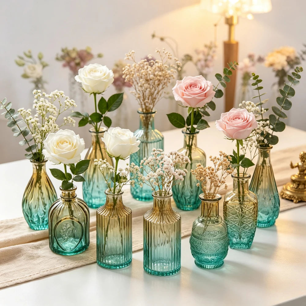 vases verre transparents ombre vintage vert marron bleu rose élégants décoration fleurs