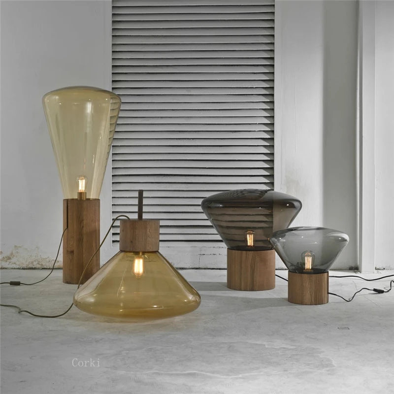 lampe poser transparente bois minimaliste moderne ampoule led base bois conique