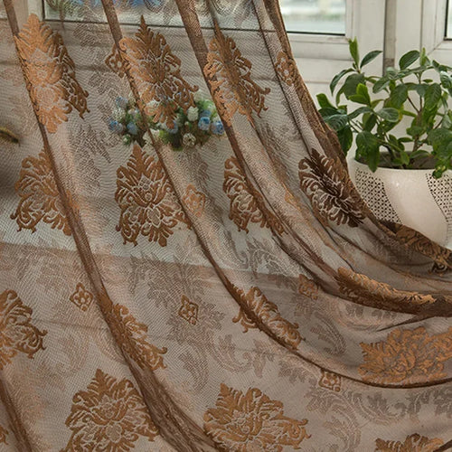 rideau classique marron beige broderie florale dorée semi transparent anneaux salon chambre