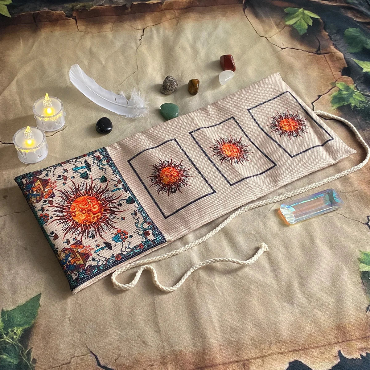 sac rangement polyestère multicolore motifs floraux astrologie tarot cartes plume pierres semi précieuses boho