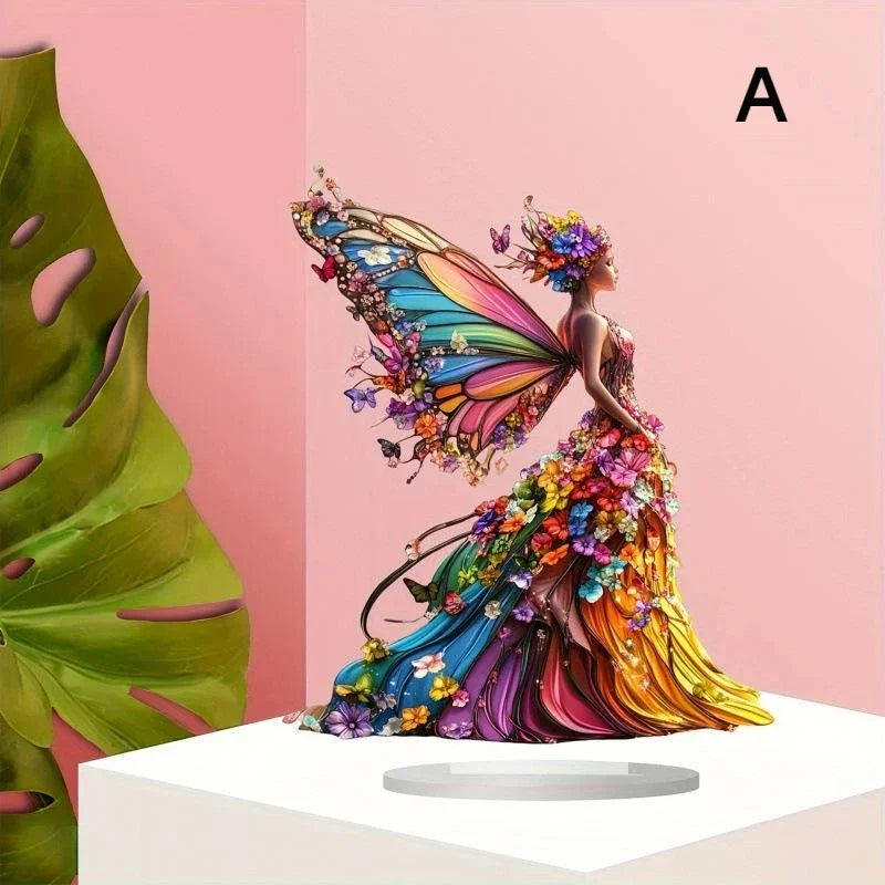 statue décorative fée papillon bleu blanc doré plumes vêtements brodés motifs floraux fantaisie base