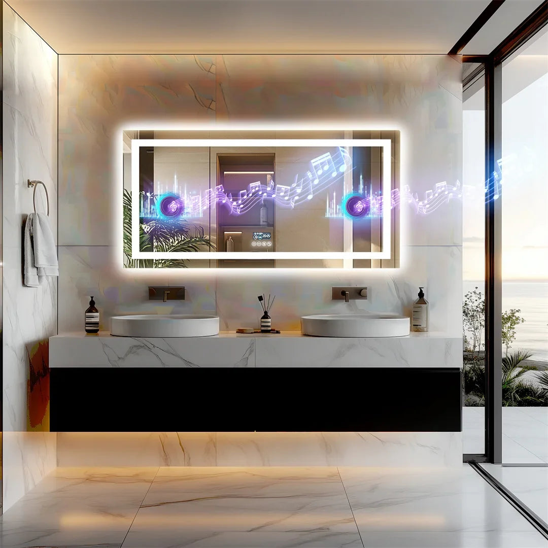 miroir lumineux moderne marbre blanc noir antibuée led bluetooth défog couleurs