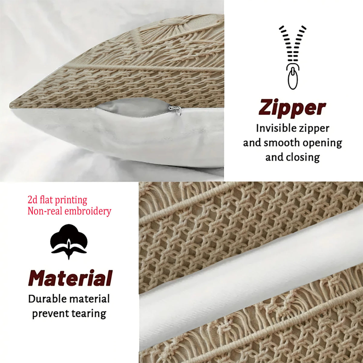 coussins beige broderie géométrique polyester zipper 40x40cm 45x45cm 50x50cm 60x60cm